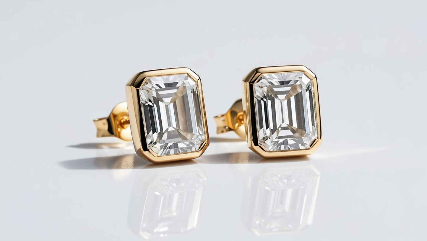 Bezel Set Emerald Cut Natural Diamond Studs