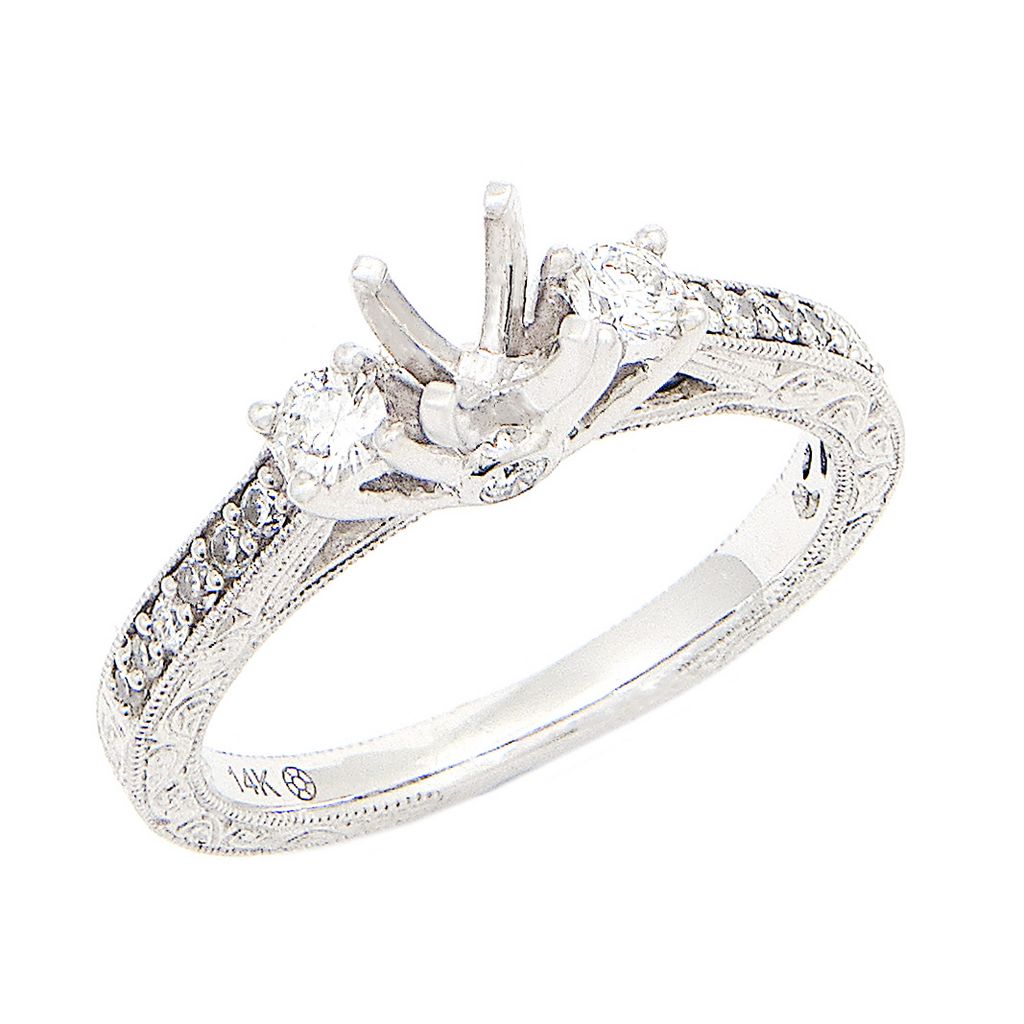 White Gold Filigree Round Pave Diamond Setting Engagement Ring