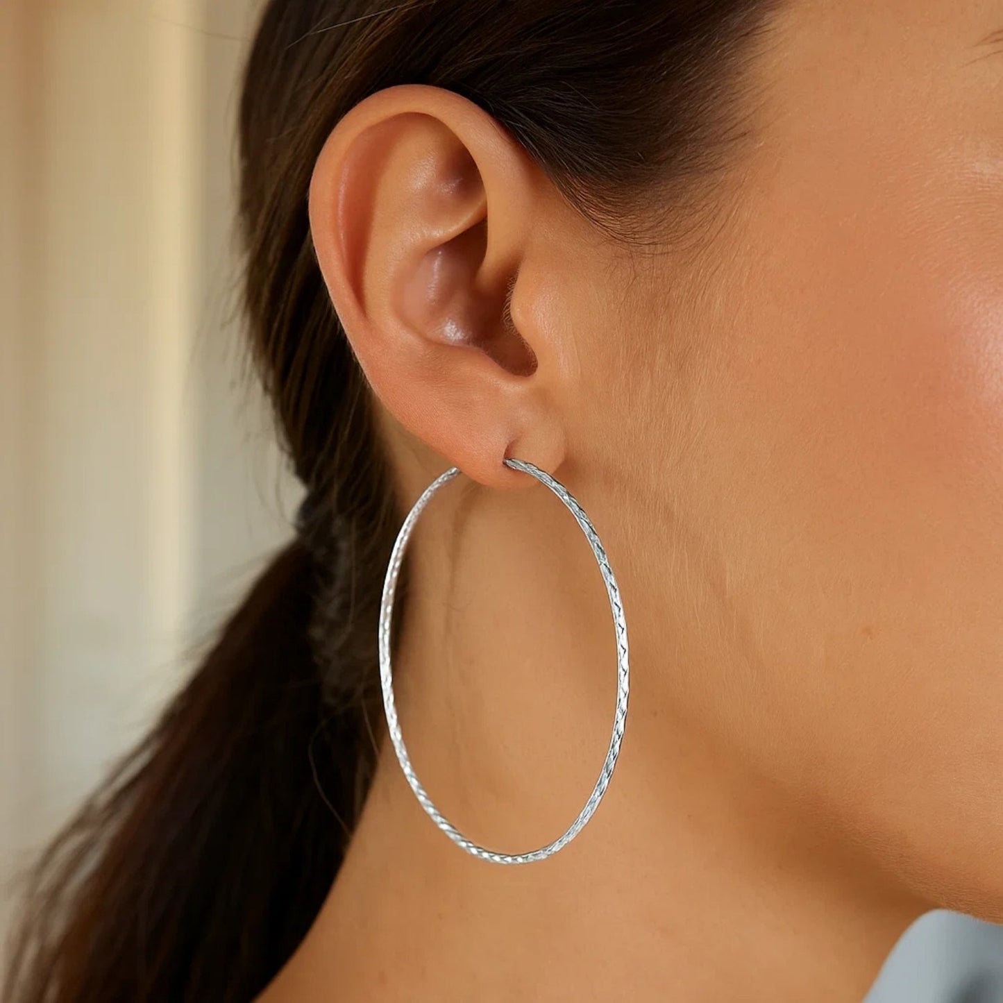 Sterling Silver Large Textured Round Hoop Earrings(1.6x60mm)