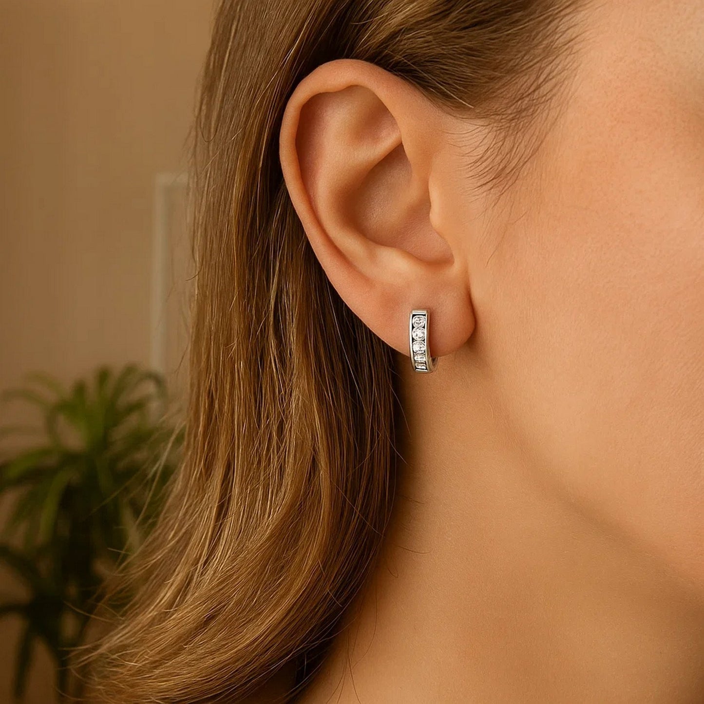 Sterling Silver Petite Hoop Earrings with Cubic Zirconias(3x10mm)