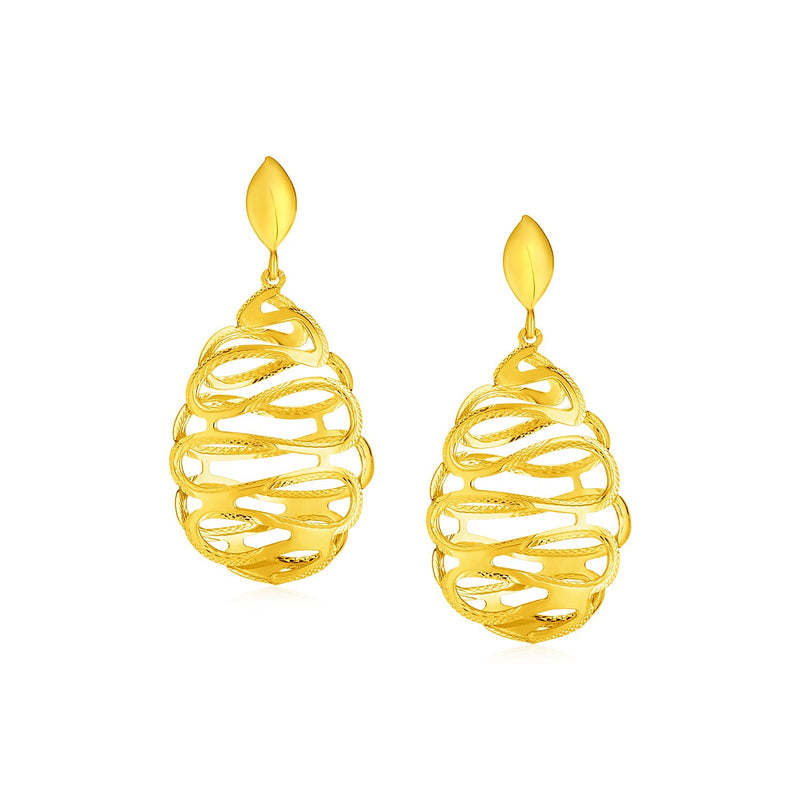 14k Yellow Gold Post Earrings with Textured Wire Spiral Dangles