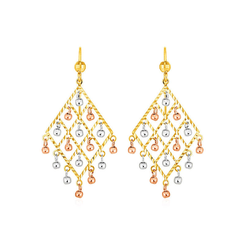 Textured Chandelier Earrings with Ball Drops in 14k Tri Color Gold