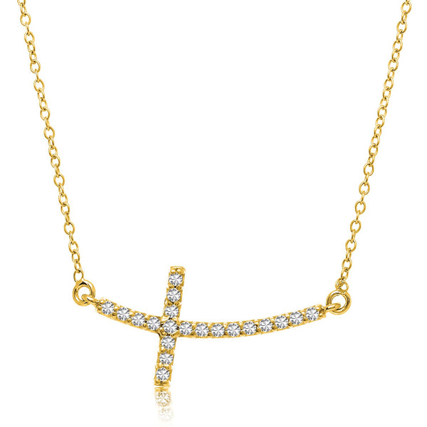 14k Yellow Gold Curved Crucifix Diamond Accented Necklace (.21cttw)