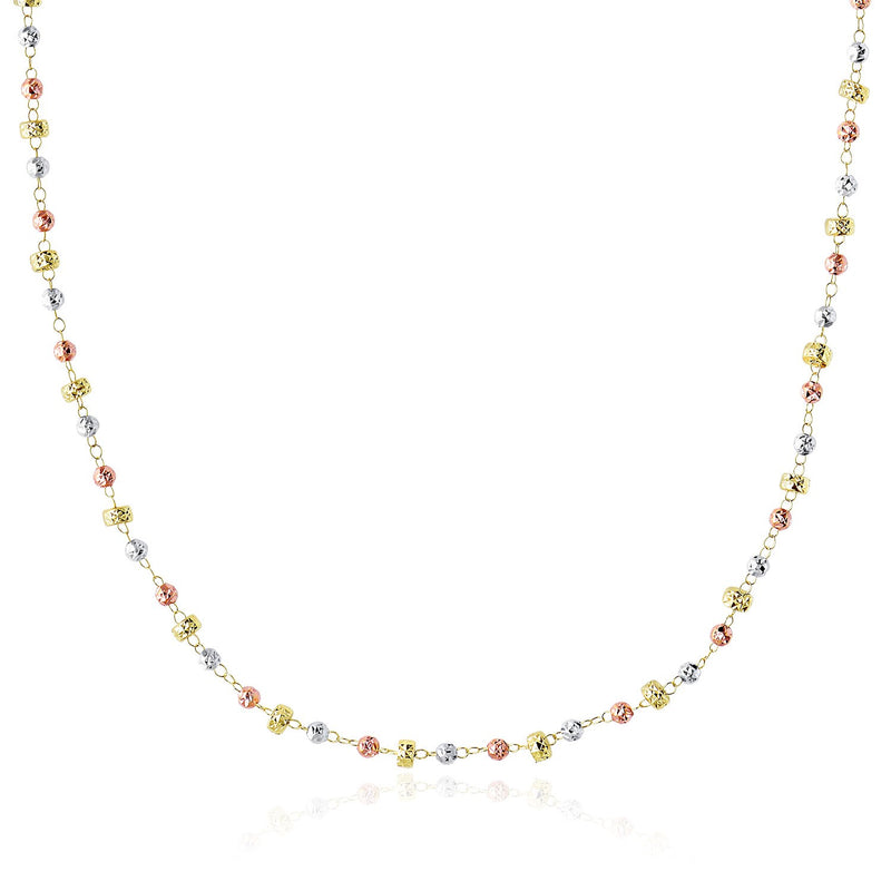 14k Tri-Color Gold Necklace with Textured Round and Barrel Bead Links