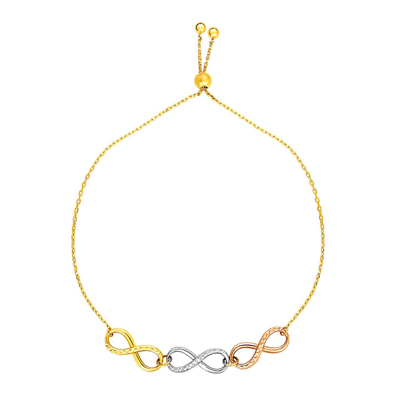 Adjustable Bracelet with Infinity Symbols in 14k Tri Color Gold