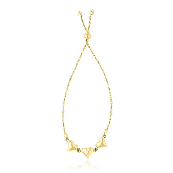 14k Yellow Gold Adjustable Puffed Heart Stations Lariat Style Bracelet