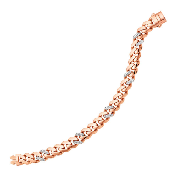14k Rose Gold Polished Curb Chain Bracelet with Diamonds