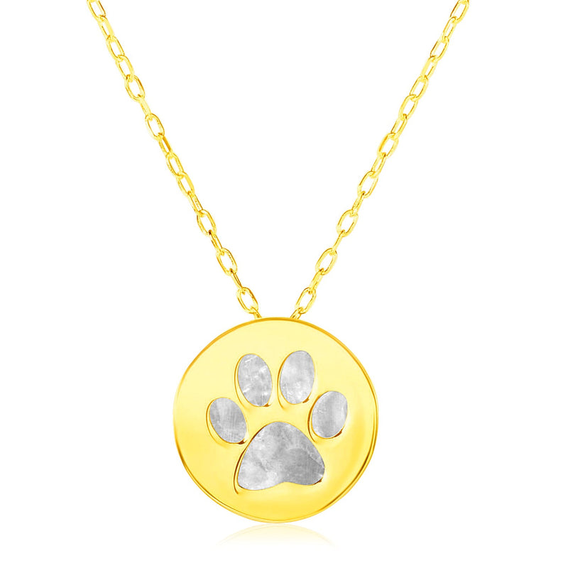 14k Yellow Gold Necklace with Dog Paw Print Symbol in Mother of Pearl