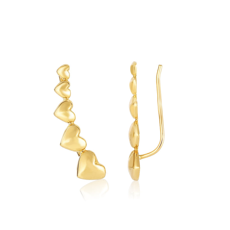 14k Yellow Gold Graduated Heart Climber Style Stud Earrings