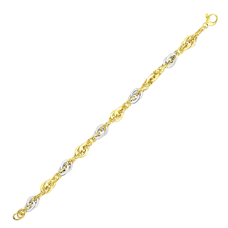 14k Two-Tone Gold Interlaced Smooth and Textured Link Bracelet