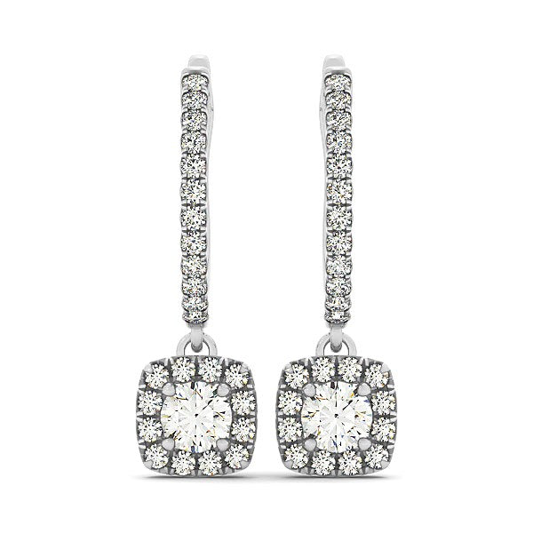 Cushion Shape Halo Style Diamond Drop Earrings in 14k White Gold (1/2 cttw)