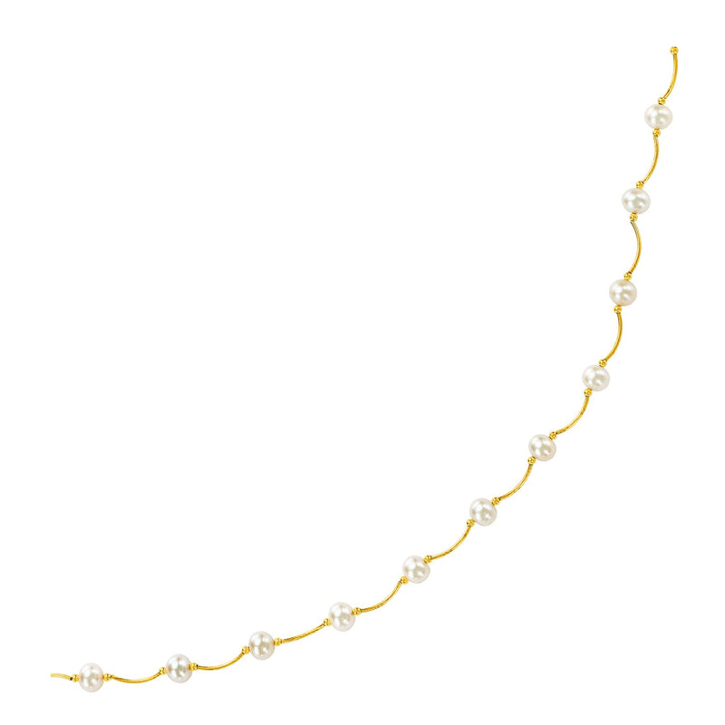 14k Yellow Gold Arc Link Necklace with White Pearls