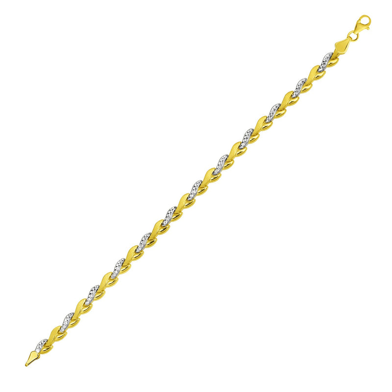 14k Two-Tone Gold Woven Heart Textured Link Bracelet