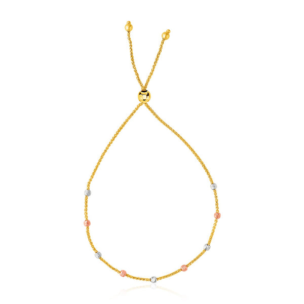 14k Tri-Color Gold Textured Bead Station Lariat Bracelet