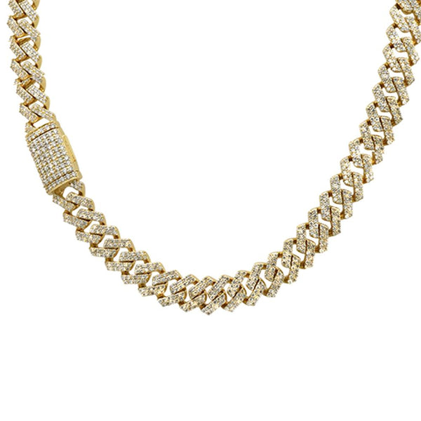 13.33ct 9MM 14k Yellow Gold Diamond Micro Pave Miami Flat Cuban Link Chain